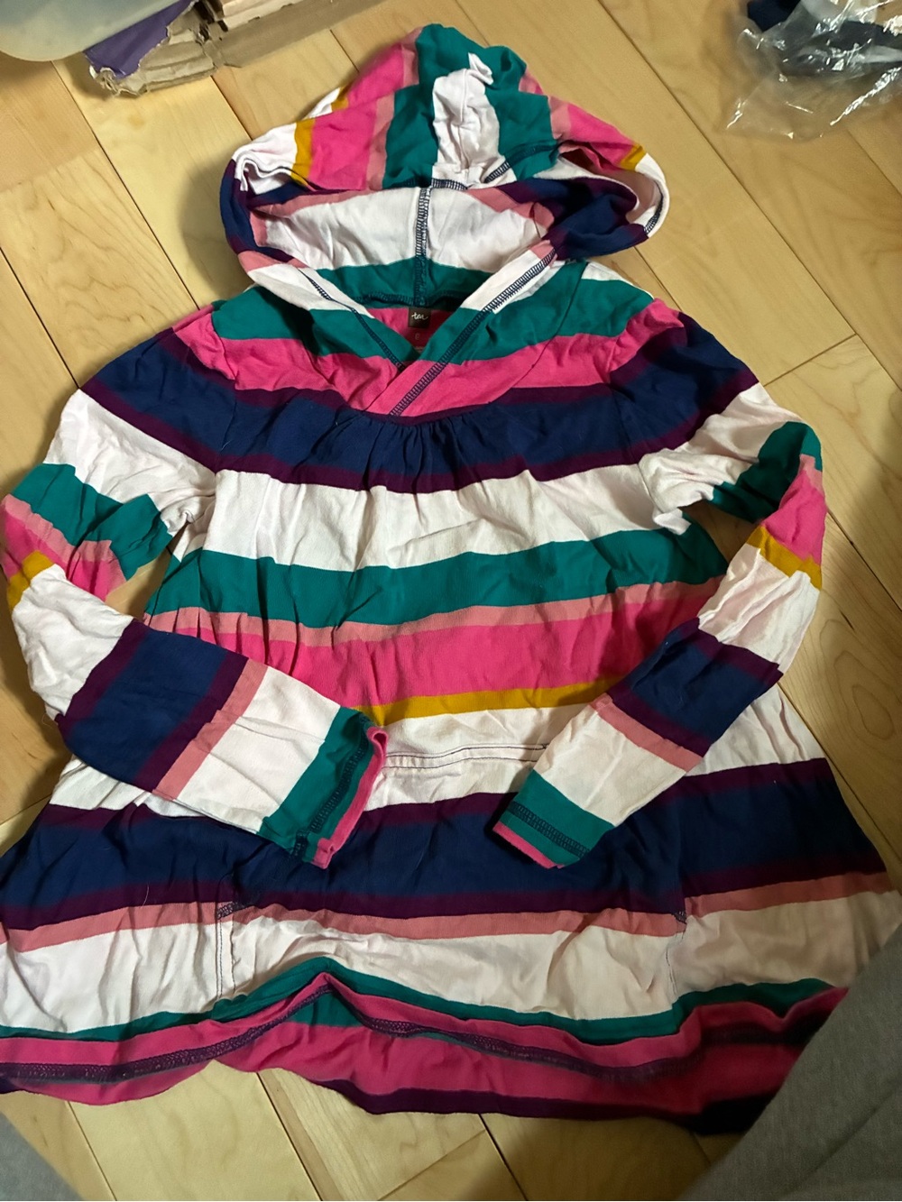Striped Tea Collection 8  Hooded Tunic Sweatshirt in Pink, Teal, Navy & White